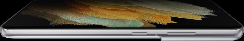 A Galaxy S21 Ultra 5G alacsony szögből oldalról nézve, narancssárga grafikus háttérképpel a képernyőn.